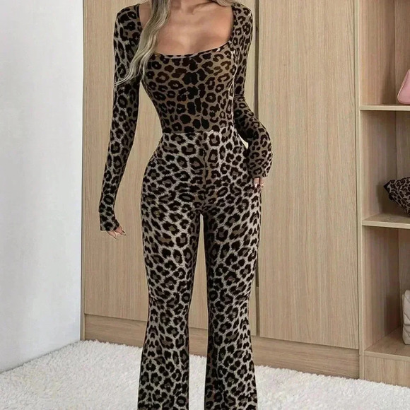 Pants - Multicolor Casual Women's Leopard Print Square Neck Long Sleeve Flared Jumpsuit